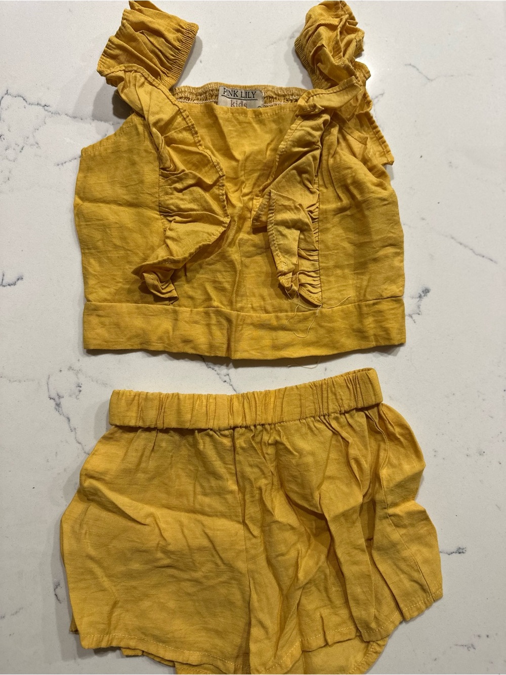 Pink Lily Mustard Ruffle Linen Two-Piece Shorts Set